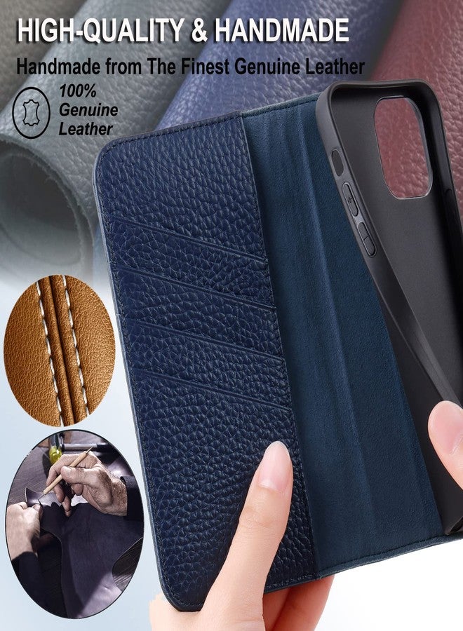 VISOUL Pebbled Genuine Leather Case for iPhone 13 Pro Max Wallet Case with Card Holder Flip Folio Cover with Magnet Kickstand for iPhone 13 Pro Max (6.7")(Black+Blue) - Image 5