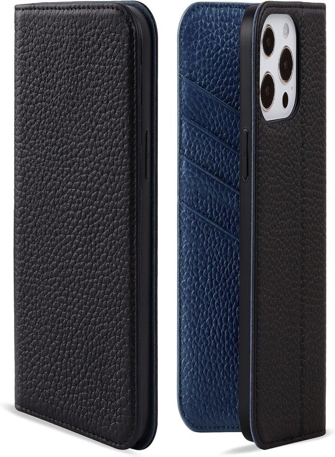 VISOUL Pebbled Genuine Leather Case for iPhone 13 Pro Max Wallet Case with Card Holder Flip Folio Cover with Magnet Kickstand for iPhone 13 Pro Max (6.7")(Black+Blue) - Image 1