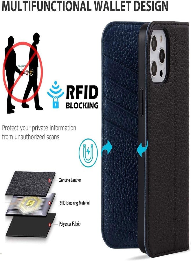 VISOUL Pebbled Genuine Leather Case for iPhone 13 Pro Max Wallet Case with Card Holder Flip Folio Cover with Magnet Kickstand for iPhone 13 Pro Max (6.7")(Black+Blue) - Image 3