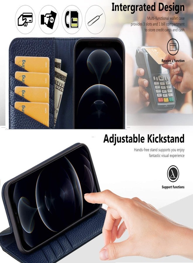 VISOUL Pebbled Genuine Leather Case for iPhone 13 Pro Max Wallet Case with Card Holder Flip Folio Cover with Magnet Kickstand for iPhone 13 Pro Max (6.7")(Black+Blue) - Image 2