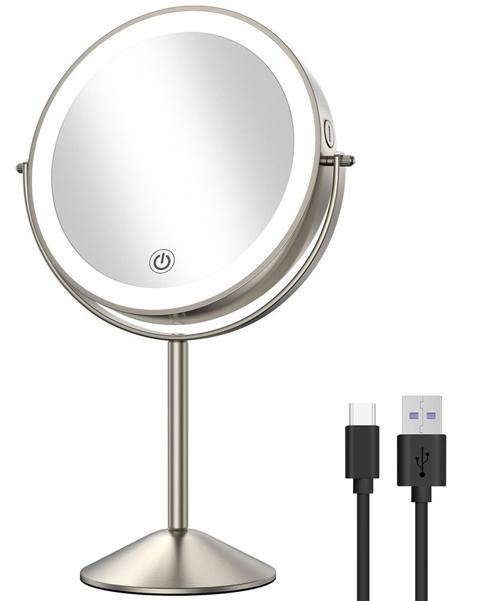 8 LIGHTED MAKEUP MIRROR WITH MAGNIFICATION 10X1X 3 COLOR LIGHTS DIMMABLE LIGHTING 360 ROTATION DOUBLE SIDED RECHARGEABLE CORDLESS VANITY COSMETIC STANDING LED MIRROR FOR MAKEUP