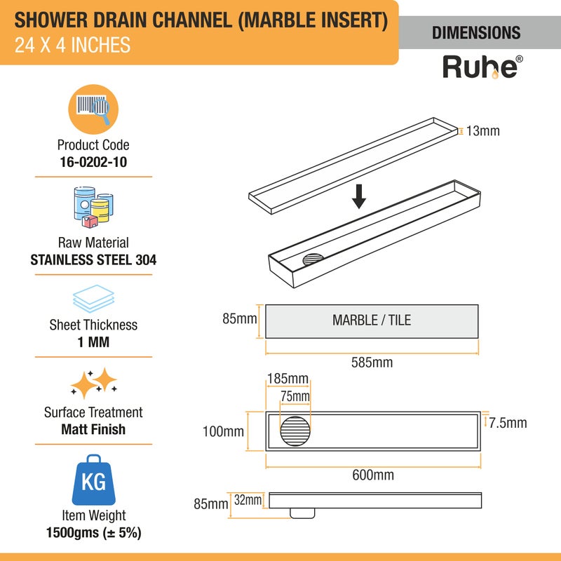 RUHE قناة تصريف الدش مع إدخال الرخام Ruhe® | 24 × 4 بوصة تصريف مياه الصرف الصحي للأرضيات للرخام بسمك 21 مم | قناة تصريف دش غير مرئية من الفولاذ المقاوم للصدأ 304 | قناة تصريف مع فخ للصراصير وثقب جانبي - Image 2
