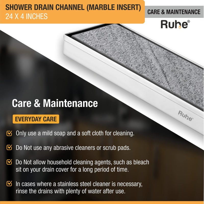 RUHE قناة تصريف الدش مع إدخال الرخام Ruhe® | 24 × 4 بوصة تصريف مياه الصرف الصحي للأرضيات للرخام بسمك 21 مم | قناة تصريف دش غير مرئية من الفولاذ المقاوم للصدأ 304 | قناة تصريف مع فخ للصراصير وثقب جانبي - Image 5
