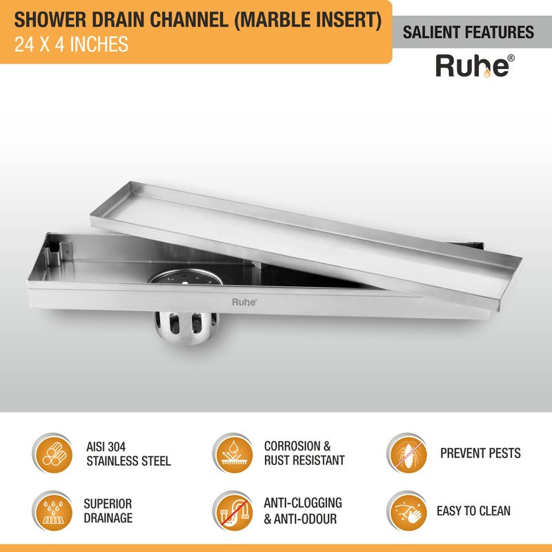 RUHE قناة تصريف الدش مع إدخال الرخام Ruhe® | 24 × 4 بوصة تصريف مياه الصرف الصحي للأرضيات للرخام بسمك 21 مم | قناة تصريف دش غير مرئية من الفولاذ المقاوم للصدأ 304 | قناة تصريف مع فخ للصراصير وثقب جانبي - Image 3