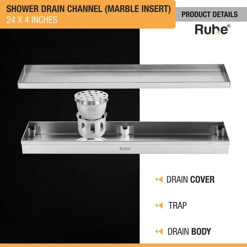 RUHE قناة تصريف الدش مع إدخال الرخام Ruhe® | 24 × 4 بوصة تصريف مياه الصرف الصحي للأرضيات للرخام بسمك 21 مم | قناة تصريف دش غير مرئية من الفولاذ المقاوم للصدأ 304 | قناة تصريف مع فخ للصراصير وثقب جانبي - Image 4