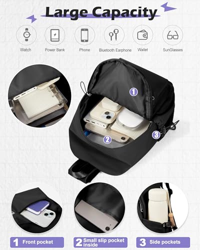 SEAFEW Small Black Sling Crossbody Bag for Men Women, Shoulder Daypack Mini Anti-Theft Cross Body Motorcycle Chest Bags, Small One Strap Fanny Back Pack for Casual Travel Hiking Sport Gym - Image 5