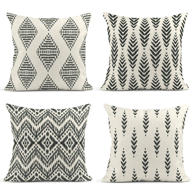 ArtSocket Set of 4 Throw Pillow Covers Ikat Tribal and Boho Bohemian Black Ethnic Herringbone for Ideas Decor Linen Outdoor Pillow Cases Home Decorative Square 18x18 Inches Pillowcases