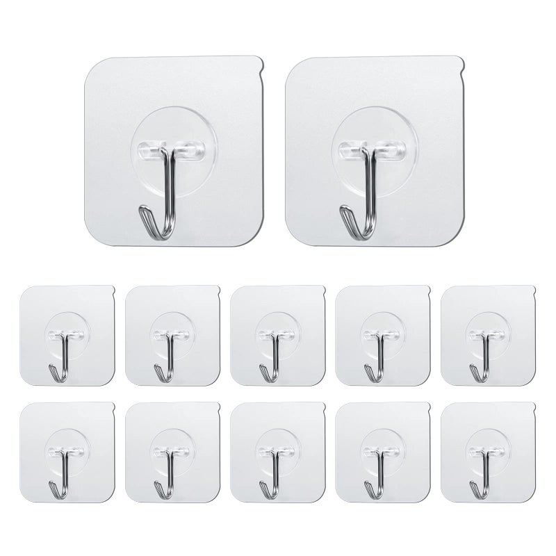 LOPEN STU Premium Wall Hooks, 22 lbs(MAX) Heavy Duty Self Adhesive Hooks, Nail Free Transparent Seamless Hooks, Waterproof and Oilproof, Suitable for Bathroom Kitchen Reusable Utility Hooks -12PCS - Image 1