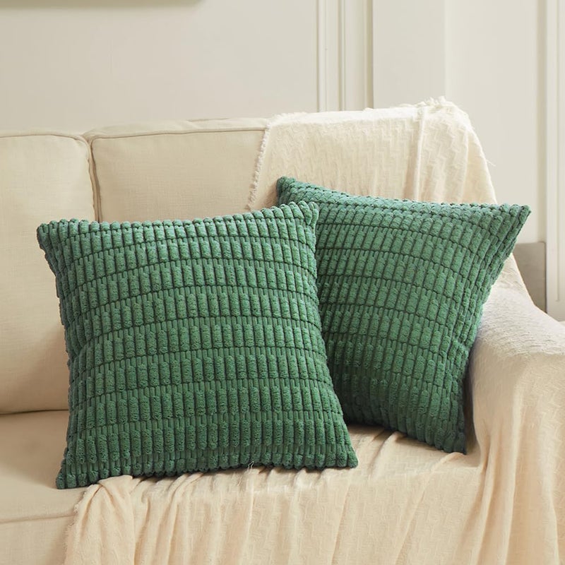 Fancy Homi 2 Packs Green Decorative Throw Pillow Covers 26x26 Inch for Living Room Couch Bed Sofa, Rustic Farmhouse Boho Home Decor, Soft Striped Corduroy Square Cushion Case 66x66 cm - Image 1