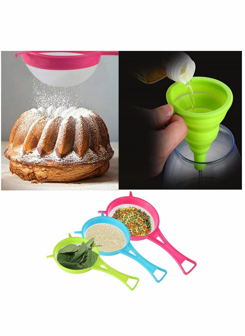 Plastic Mesh Strainer Colander Set, Food Soy Milk Flour Sieve Plastic Colander Strainer with Long Handle Icing Sugar Sifters Fine Strainer Tea Filter and Silicone Foldable Funnel, 4Pcs, Random Color