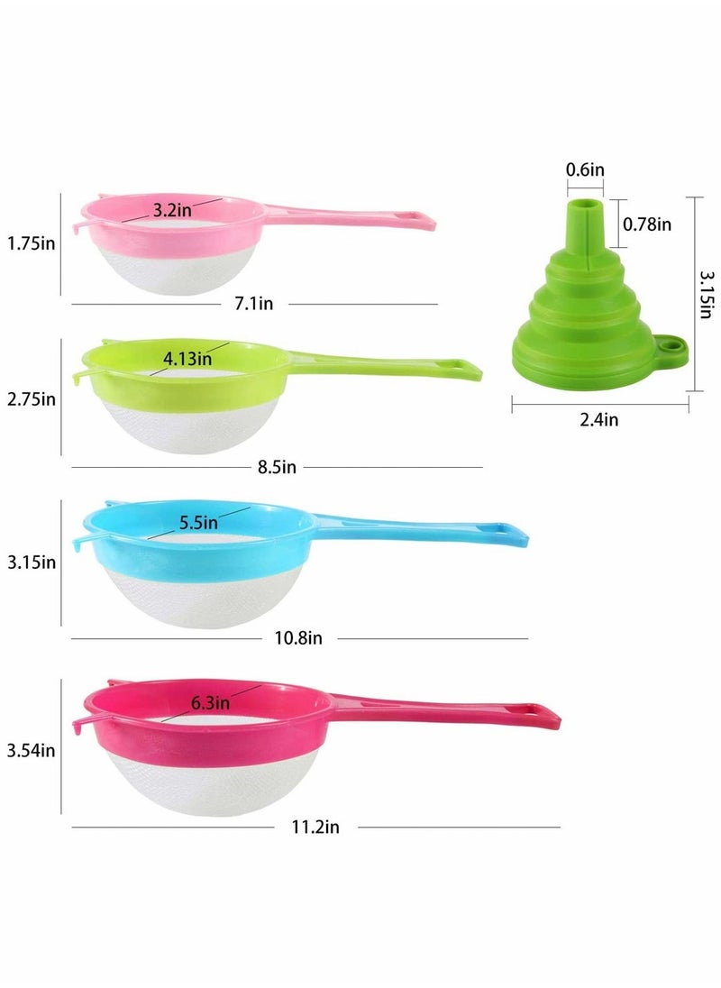 Plastic Mesh Strainer Colander Set, Food Soy Milk Flour Sieve Plastic Colander Strainer with Long Handle Icing Sugar Sifters Fine Strainer Tea Filter and Silicone Foldable Funnel, 4Pcs, Random Color