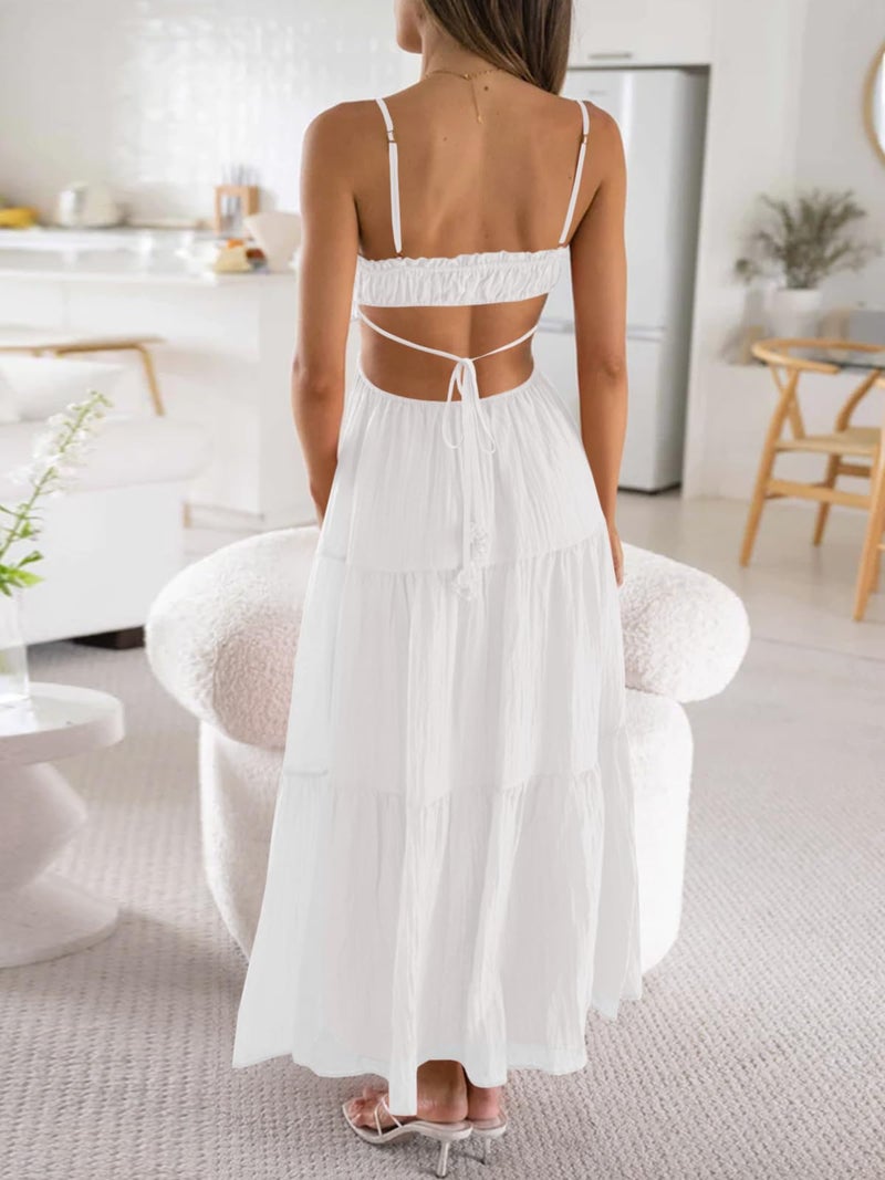 Fisoew Women's Spaghetti Strap Maxi Dress Summer Sleeveless Side Cut Out Dress Casual Boho Backless Flowy Long Dresses White - Image 3