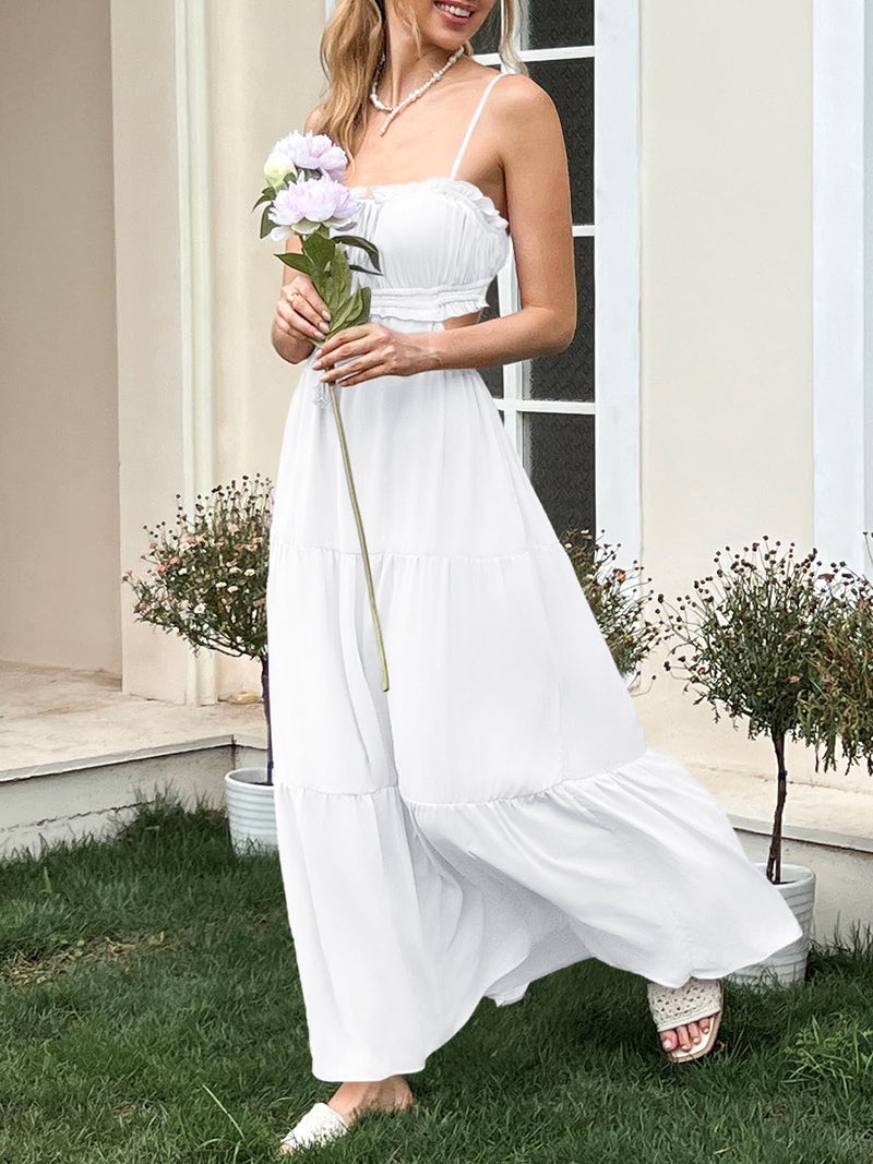 Fisoew Women's Spaghetti Strap Maxi Dress Summer Sleeveless Side Cut Out Dress Casual Boho Backless Flowy Long Dresses White - Image 4