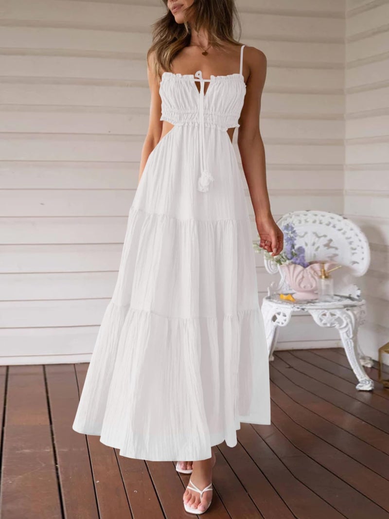 Fisoew Women's Spaghetti Strap Maxi Dress Summer Sleeveless Side Cut Out Dress Casual Boho Backless Flowy Long Dresses White - Image 2
