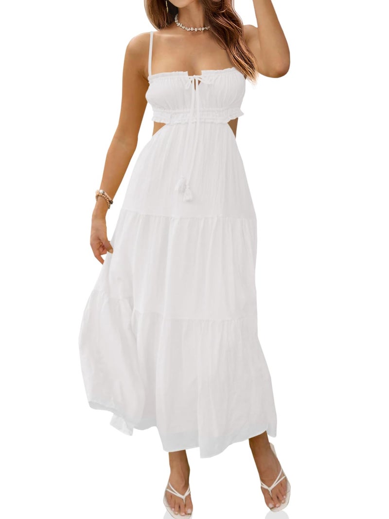 Fisoew Women's Spaghetti Strap Maxi Dress Summer Sleeveless Side Cut Out Dress Casual Boho Backless Flowy Long Dresses White - Image 1