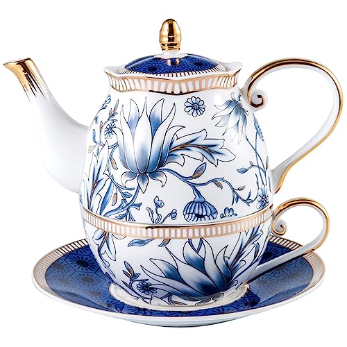 ACMLIFE Tea for One Teapot and Cup Set, Vintage Floral Porcelain Tea Set for One, Bone China Teapot Set, Tea Pot Set Gift for Women (Blue) - Image 1