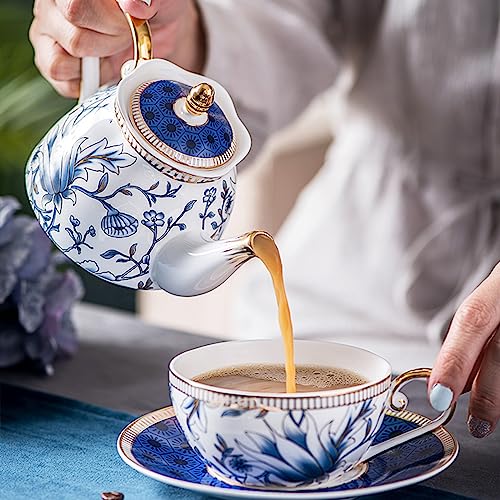 ACMLIFE Tea for One Teapot and Cup Set, Vintage Floral Porcelain Tea Set for One, Bone China Teapot Set, Tea Pot Set Gift for Women (Blue) - Image 2