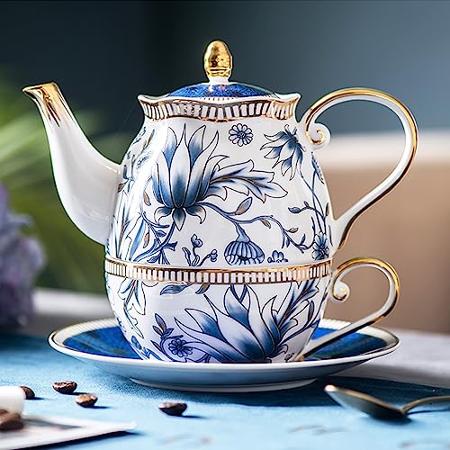 ACMLIFE Tea for One Teapot and Cup Set, Vintage Floral Porcelain Tea Set for One, Bone China Teapot Set, Tea Pot Set Gift for Women (Blue) - Image 5