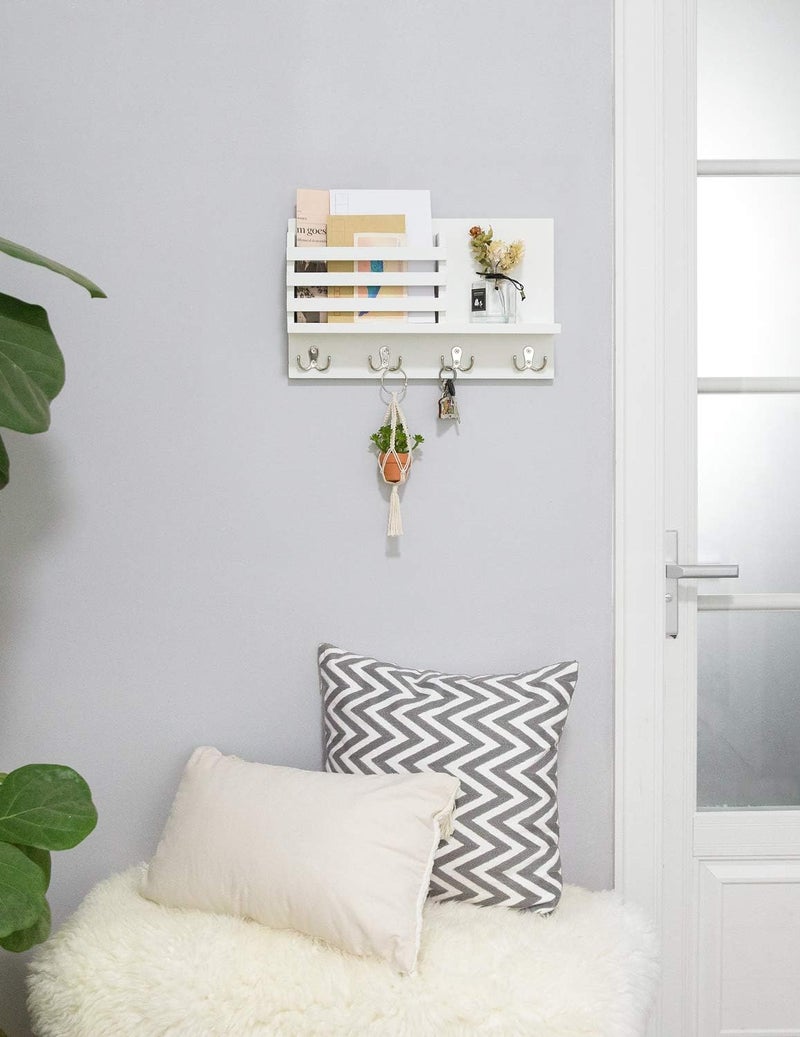 Dahey Wall Mounted Mail Holder Wooden Key Holder Rack Mail Sorter Organizer with 4 Double Key Hooks and A Floating Shelf Rustic Home Decor for Entryway or Mudroom,15.7" W x9.3 Hx3.2 D, White - Image 2