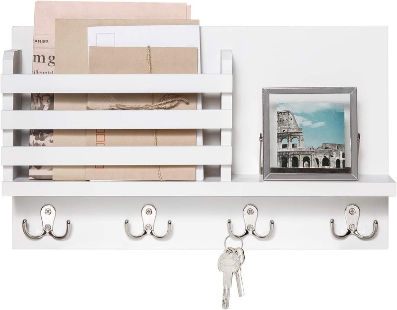 Dahey Wall Mounted Mail Holder Wooden Key Holder Rack Mail Sorter Organizer with 4 Double Key Hooks and A Floating Shelf Rustic Home Decor for Entryway or Mudroom,15.7" W x9.3 Hx3.2 D, White - Image 1