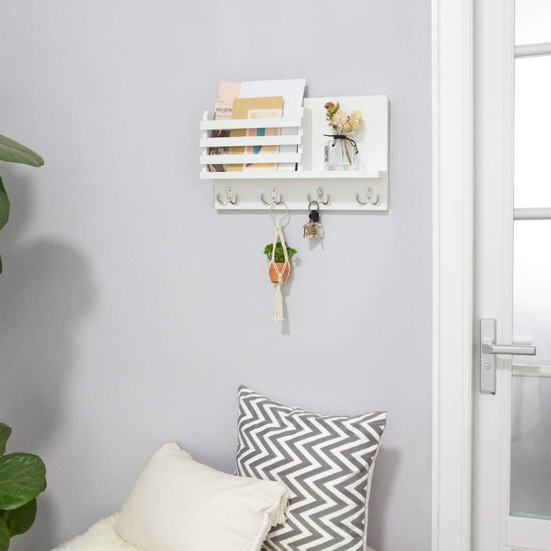 Dahey Wall Mounted Mail Holder Wooden Key Holder Rack Mail Sorter Organizer with 4 Double Key Hooks and A Floating Shelf Rustic Home Decor for Entryway or Mudroom,15.7" W x9.3 Hx3.2 D, White - Image 3