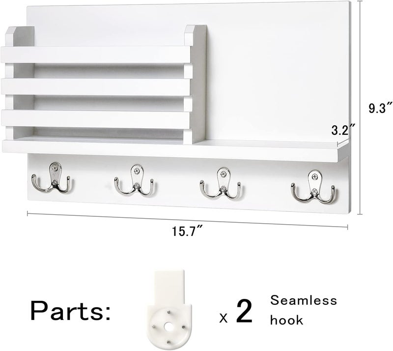 Dahey Wall Mounted Mail Holder Wooden Key Holder Rack Mail Sorter Organizer with 4 Double Key Hooks and A Floating Shelf Rustic Home Decor for Entryway or Mudroom,15.7" W x9.3 Hx3.2 D, White - Image 4