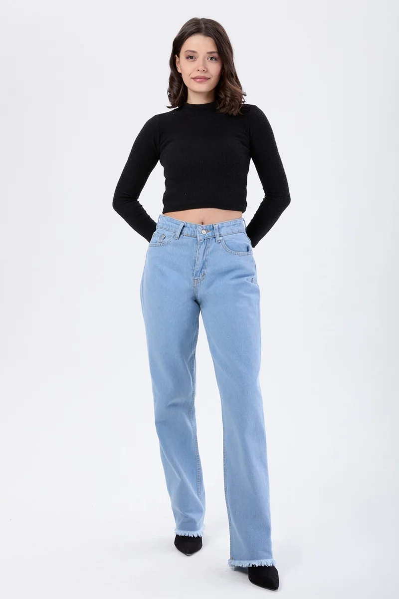 Tofisa 23665-ICE-BLUE High Waist Palozzo Tassel Jeans