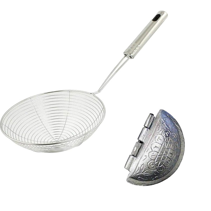IDEAL PRIME Durable Stainless Steel Skimmer Deep Fry Jhara Gujiya Maker Combo Set Steel Poori Jhara Foor Strainer Frying Jhara Gujiya Sancha Kitchen Tool Set Pack of 2 - Image 1