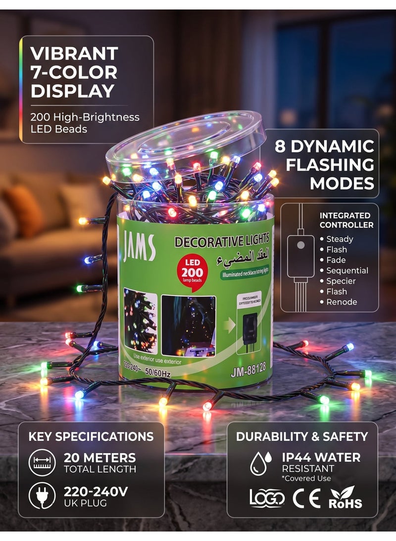 جامز أضواء زينة JAMS 200 LED | JM-88128 | 20 متر، متعددة الألوان | 8 أوضاع إضاءة | مقاومة للماء بمعيار IP44 | قابس بريطاني - Image 2