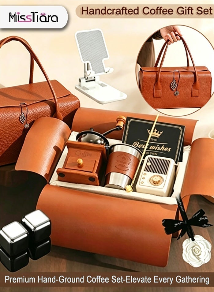 مس تيارا مجموعة سلة هدايا ماكينة القهوة مع صندوق هدايا محمول باليد، مجموعة إكسسوارات تحضير القهوة يدويًا كهدية عيد ميلاد أو زفاف أو تذكار للحفلات أو الحمام أو اليوجا - Image 1