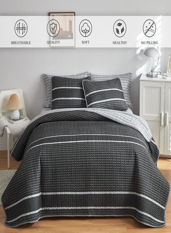 Flysheep Dark Grey Boho Quilt Set Twin Size for Kids, 2 Pcs White Striped on Black Reversible Bedspread, Brushed Microfiber Coverlet for All Season, 1 Quilt + 1 Pillow Sham - Image 3