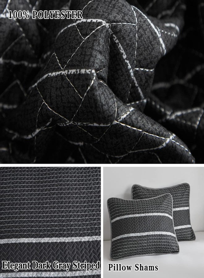 Flysheep Dark Grey Boho Quilt Set Twin Size for Kids, 2 Pcs White Striped on Black Reversible Bedspread, Brushed Microfiber Coverlet for All Season, 1 Quilt + 1 Pillow Sham - Image 5