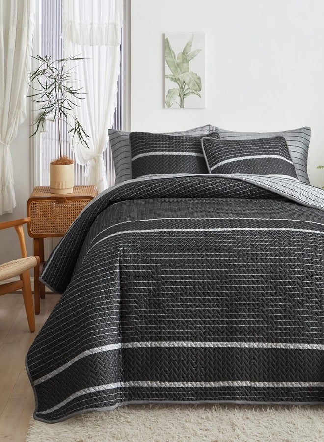 Flysheep Dark Grey Boho Quilt Set Twin Size for Kids, 2 Pcs White Striped on Black Reversible Bedspread, Brushed Microfiber Coverlet for All Season, 1 Quilt + 1 Pillow Sham - Image 1