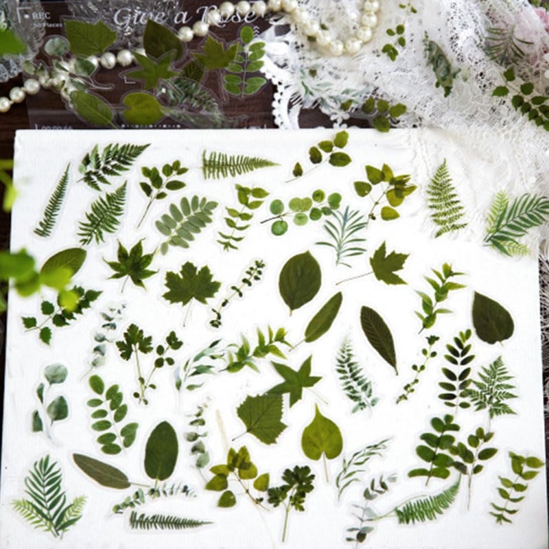 OBUJOPAL 100Pcs Small Green Leaf Stickers, Obujopal Nature Plant Stickers Transparent for Scrapbooking Water Bottle Laptop Junk Journal Collage Card Making Phone Case Envelope Planner DIY Crafts, 50 Designs - Image 2
