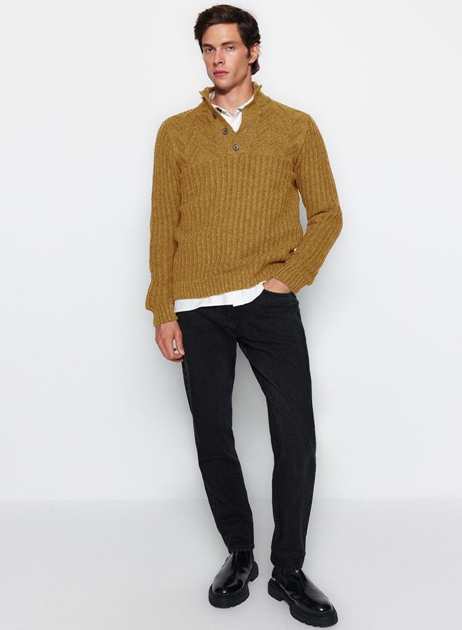 trendyol Unisex Camel Knitwear Sweater  Half Turtleneck, Button, Wool - Image 2