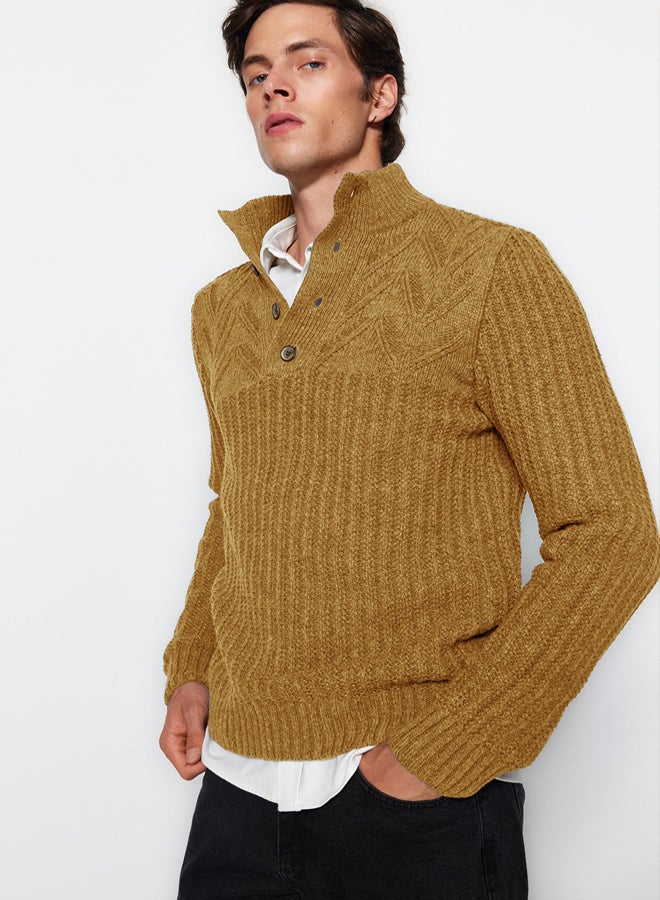 trendyol Unisex Camel Knitwear Sweater  Half Turtleneck, Button, Wool - Image 3