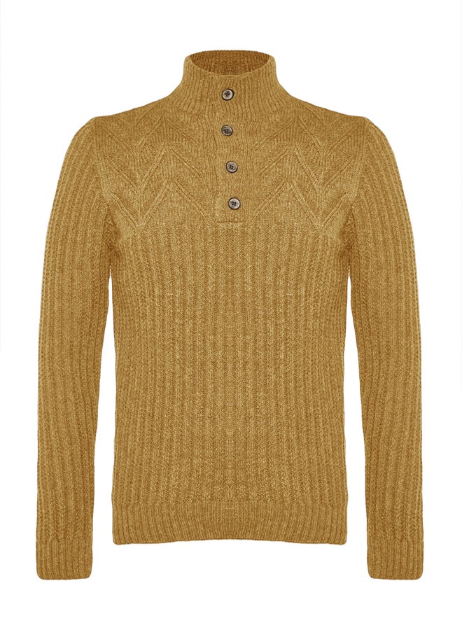 trendyol Unisex Camel Knitwear Sweater  Half Turtleneck, Button, Wool - Image 5