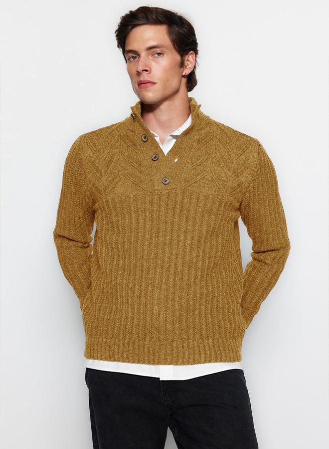 trendyol Unisex Camel Knitwear Sweater  Half Turtleneck, Button, Wool - Image 1