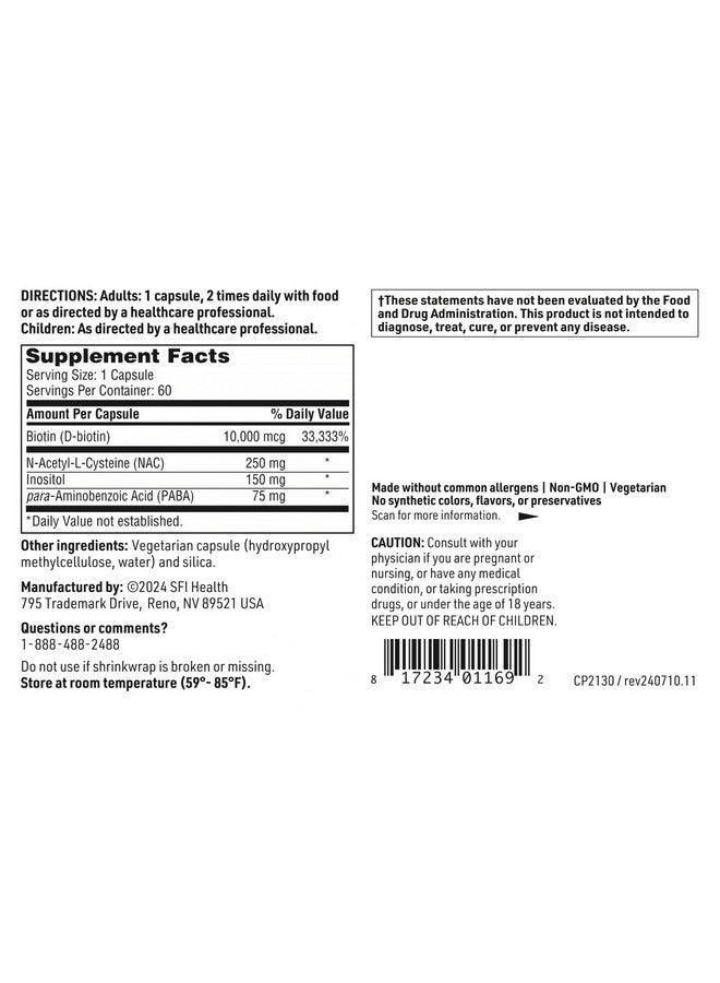 Klaire Labs Klaire Labs Hair and Nails Formula - 10000 Micrograms Soy & Dairy-Free Biotin Complex with Inositol & PABA (60 Capsules) - Image 5
