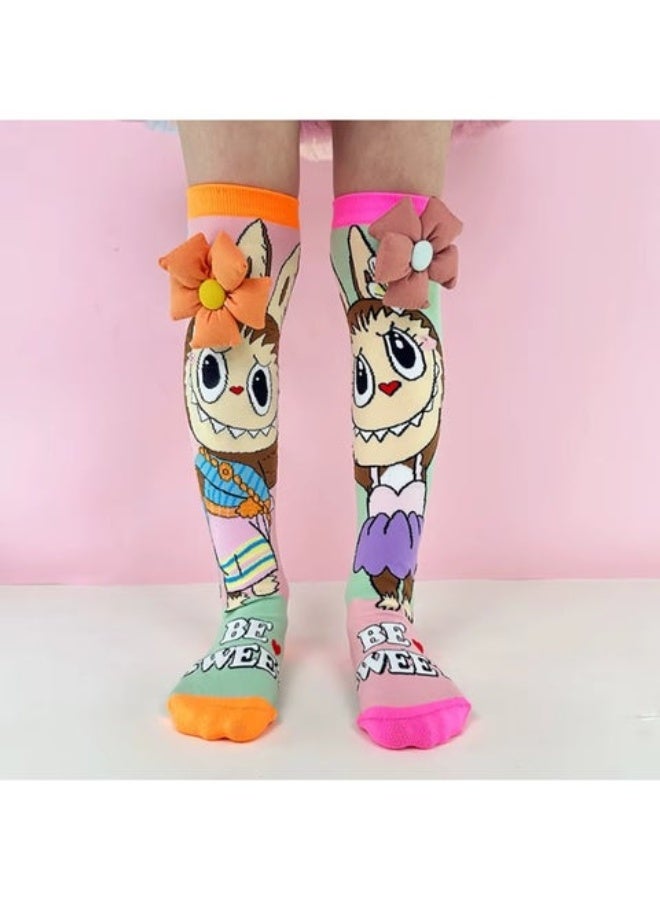 جوارب عالية تصل إلى الركبة بتصميم حيوانات ثلاثية الأبعاد ووبر ناعم، شخصيات كرتونية ملونة، تصميم بوم بوم من الفرو، ملابس مريحة مبتكرة للبنات والأولاد - Image 1
