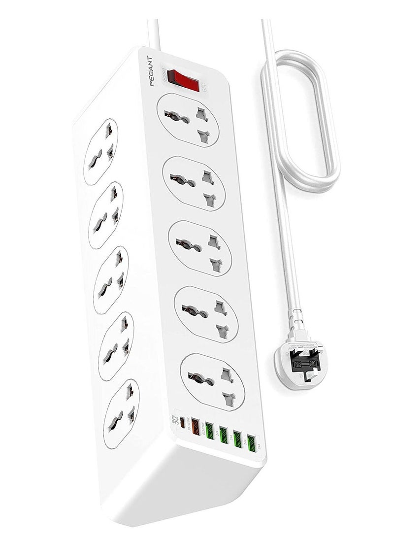 JBQ - 10 Way Power Extension Cord Surge Protector Strip Heavy Duty Universal Electrical Socket 5x USB-A 1x USB-C PD 30W Total 2M Cable - Image 1
