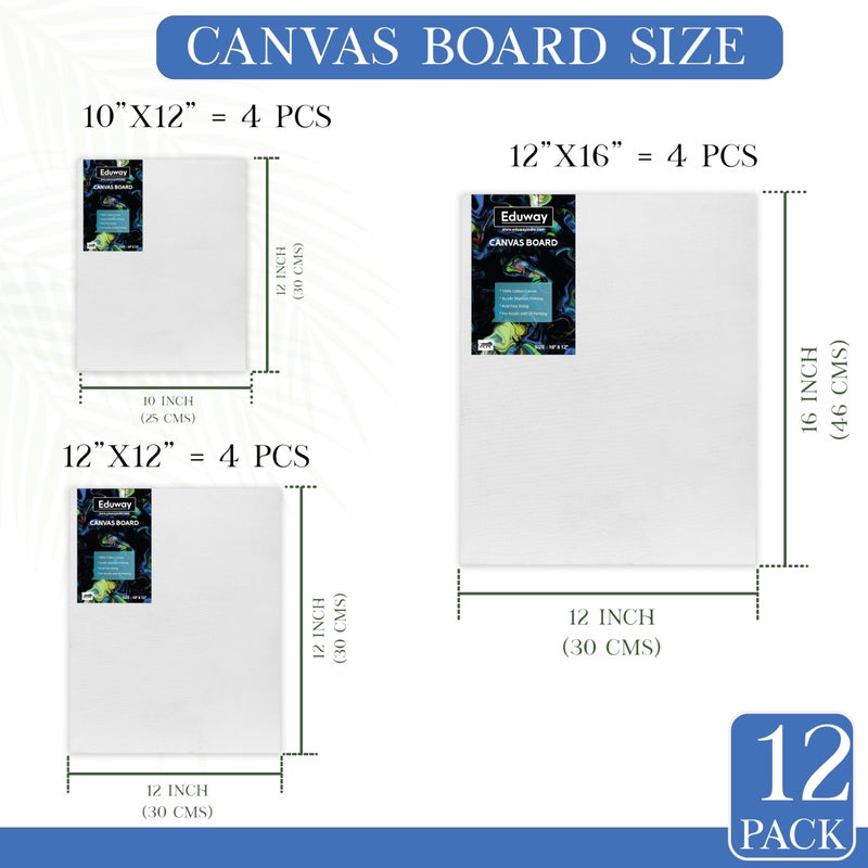 Eduway® Canvas Board for Painting- (10x12|12x12|12x16) 4 Each | Premium Quality 7Oz Pre-Primed Cotton Canvas Board for Artists & Beginners | Ideal for Acrylic, Oil, Gouache, Pastels Colors ( Pack of 12) (25x30, 30x30, 30x40 cms) - Image 2
