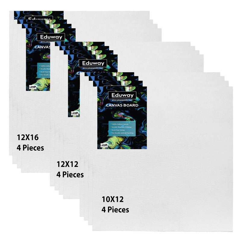 Eduway® Canvas Board for Painting- (10x12|12x12|12x16) 4 Each | Premium Quality 7Oz Pre-Primed Cotton Canvas Board for Artists & Beginners | Ideal for Acrylic, Oil, Gouache, Pastels Colors ( Pack of 12) (25x30, 30x30, 30x40 cms) - Image 1