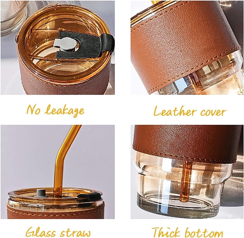 Rivtoxx Leather Belt Drinking Mug with Straw and Lid Glass Iced Coffee Cup LeakProof Glass Tumbler Cup Reusable Smoothie Mugs for Cold Hot Drinks Coffee Tea Shake Brown 450ML - Image 5