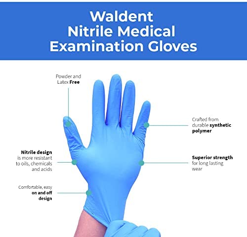 WALDENT Nitrile Medical Disposable Examination Gloves are non-powdered, ambidextrous, and tear-resistant. Ideal for medical, general use, these blue gloves come in a pack of 80 pieces (Medium size). - Image 2
