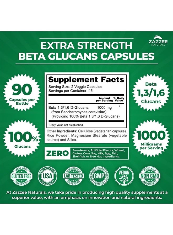 Zazzee Extra Strength 1,3/1,6 Beta Glucans 1000 mg, 100% Glucan Content, 90 Vegan Capsules, Supports a Healthy Immune System, Non-GMO and All-Natural - Image 1