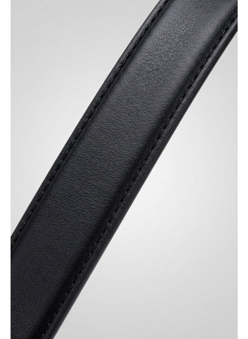 Men's Black Automatic Ratchet Belt with Gold-Trimmed Diagonal Stripe Metal Buckle - Image 2