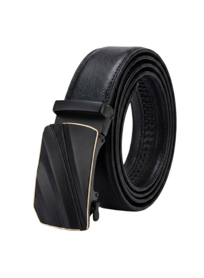 Men's Black Automatic Ratchet Belt with Gold-Trimmed Diagonal Stripe Metal Buckle - Image 1