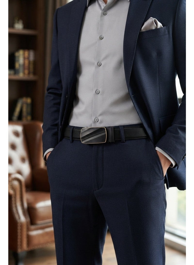 Men's Black Automatic Ratchet Belt with Gold-Trimmed Diagonal Stripe Metal Buckle - Image 5