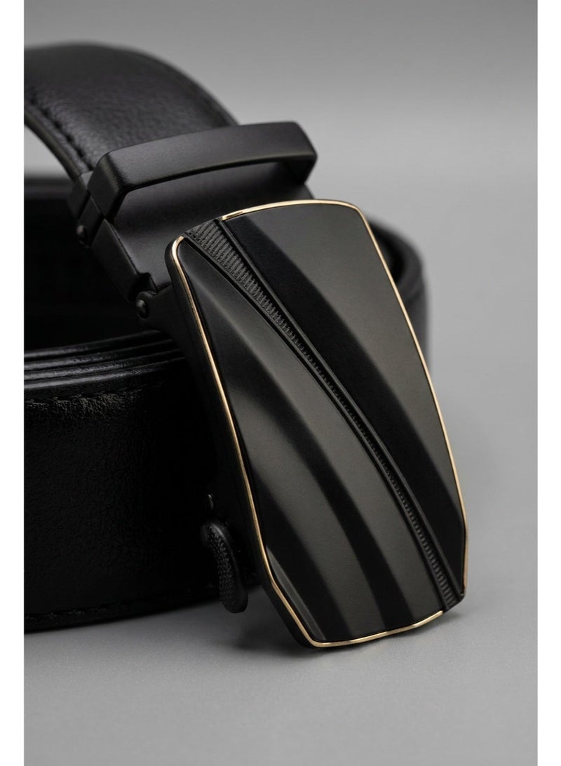 Men's Black Automatic Ratchet Belt with Gold-Trimmed Diagonal Stripe Metal Buckle - Image 3